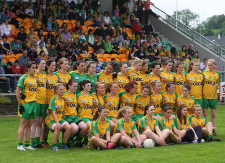 Action from the All-Ireland ladies minor football final between Donegal and Galway..