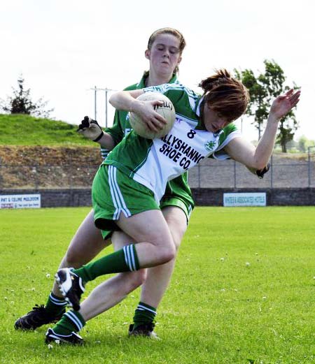 Action from the ladies league clash between Aodh Ruadh and MacCumhaills in Pirc Aoidh Ruaidh.