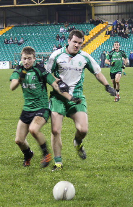 Action from the division three football league play-off match against Naomh Bríd.