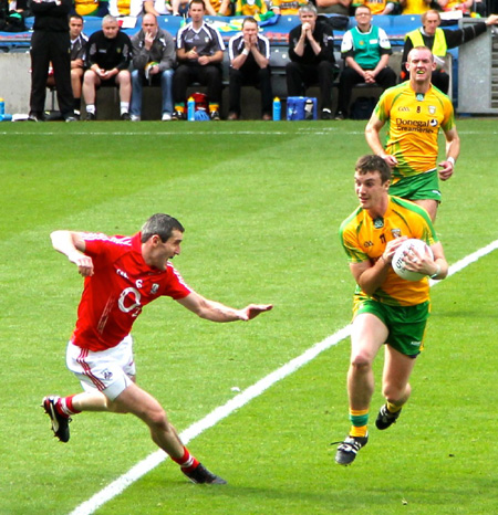 Action from the All-Ireland Senior Football Championship semi-final between Donegal and Cork.