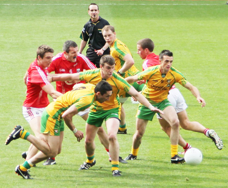 Action from the All-Ireland Senior Football Championship semi-final between Donegal and Cork.