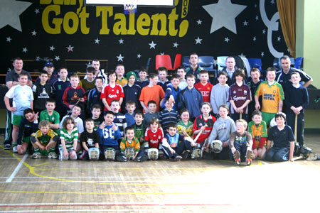 Group of underage hurlers who took part in the third Hurl-A-Thon on 28th March with their coaches and Brendan Whoriskey who sponsored a set of helmets for the underage hurlers.